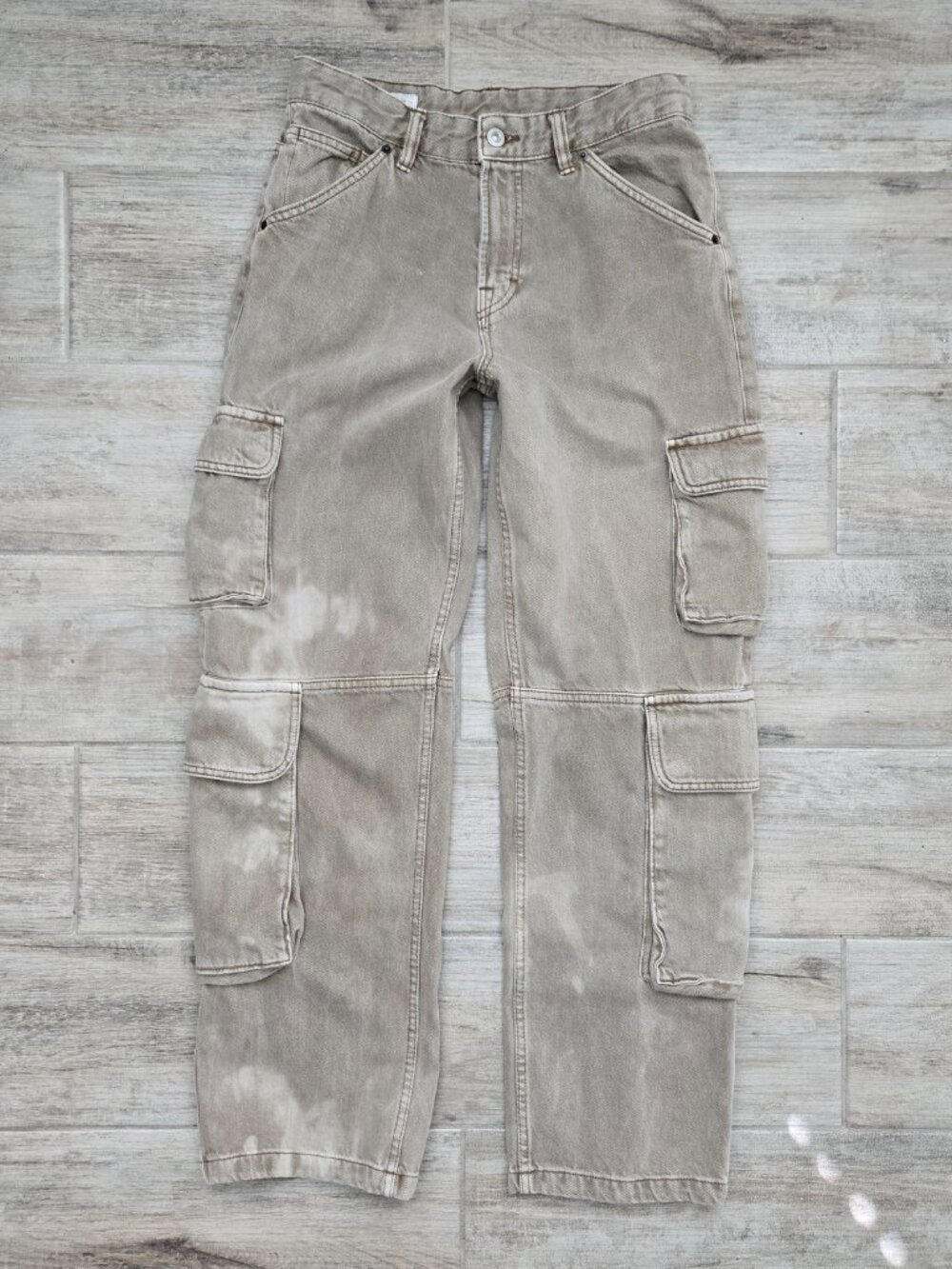 Zara Bleach Distressed Cargo Pants Mens Tan Snap Button Flap Weighty Utility 30